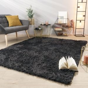 TT Home Tapis De Salon Tapis Shaggy Poil Long Doux Peluche Design Moderne Monochrome, Couleur: Gris Anthracite, Dimension:140x200 cm (marche-de-tapis, neuf)