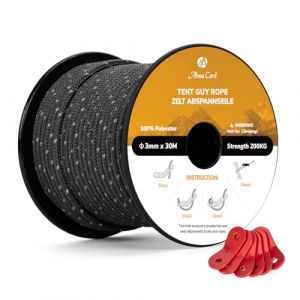 Abma Cord 30M Corde de Tente Réfléchissante 3mm Tendeur Corde avec 6 Pcs Ajusteur en Aluminium pour Camping - Max. 200kg - Réfléchissante Noir (Abma Cord EU, neuf)