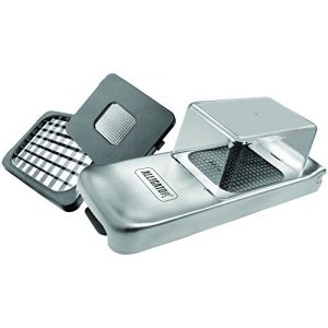 ALLIGATOR 3093 - Hachoir Multifonction Inox Avec Bac Collecteur - Coupe L&eacute;gumes - Coupe Oignon - Coupe Frites - 3 Lames Interchangeables - 3x3 mm 6x6 mm et 12x12 mm - Sans BPA (ALLIGATOR&reg; Original, neuf)