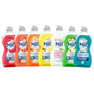 Mir - Megapack D&eacute;couverte de 7 Liquides Vaisselle 450ml &ndash; Vinaigre & Framboise, Citron, Orange, Pamplemousse, Pomme, Aloe Vera, Fleur de Lotus & Criste Marine &ndash; Parfum&eacute;s, &Eacute;cologiques, Doux (PENNGUIN-FR, neuf)