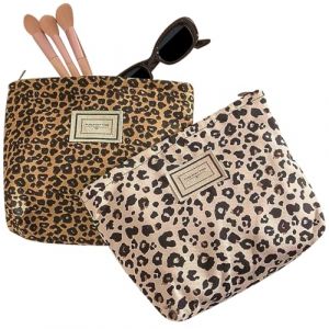 MLPKOI 2Pcs Trousse de Toilette Voyage, L&eacute;opard Trousse de Maquillage en Toile, Trousses de Maquillage, Cosm&eacute;tiques &agrave; Glissi&egrave;re Portable, Sac de Organiseur Cosm&eacute;tique Femme, Grande Sacs de Maquillagee (HC ST, neuf)