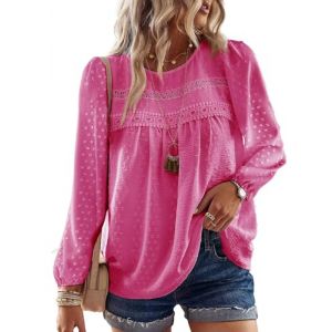 TUUHAW Chemise Femme Chic et &Eacute;l&eacute;gant Automne Grande Taille Manches Longues Boh&egrave;me Top Col Rond Dentelle D&eacute;contract&eacute; Haut T-Shirts Fluide &agrave; Point Suisse Tunique Rose Vif XXL (TROFANO, neuf)