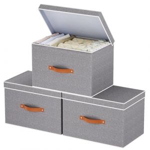 YheenLf 3 Pièces Paniers et Boîtes de Rangement Pliables, Boite en Tissu avec Couvercle et 2 Poignée, Casier Vetement pour Chambre à Coucher, Salon, Armoire, 45x30x30cm, Gris (YheenLf, neuf)