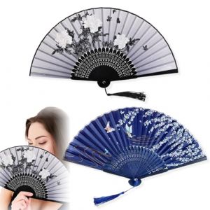 &Eacute;ventail pliable &agrave; main pour femme, Lot de 2 Eventail Tissu Bois Pli&eacute; Chinois Eventails Pliants Soie avec Frange D&eacute;coration Japonaise Style Mini &Eacute;ventail pour Femme Mariage &Eacute;t&eacute; Enfant Fille Homme (UAB WSVLKE LT, neuf)