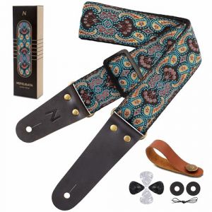Nefelibata Sangle de guitare en coton brodé avec extrémités en cuir de vache pour basse, guitare électrique et acoustique, bouton de sangle, 1 paire de verrous de sangle et 4 médiators (zsfeiniao, neuf)