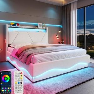 Zepneiy Lit 160x200 avec LED et USB, Lit Coffre 160x200 avec Espace de Rangement et tête de lit, Lit Double avec Sommier à Lattes,Lit Rembourré Cadre de lit 160x200 Beige(sans Matelas) (ZEYNEP OZTURK LIMITED, neuf)