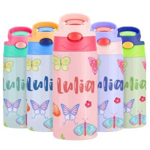 Gourde Isotherme Personnalisable pour Enfant, Bouteille d'eau Personnalis&eacute;e Prenom Sans BPA Tritan, Gourde Isotherme Enfant avec Paille pour L&rsquo;&eacute;cole, Sport, Primaire et Maternelle - Multicolore 350ml (Jingle Cat Magical Shop, neuf)