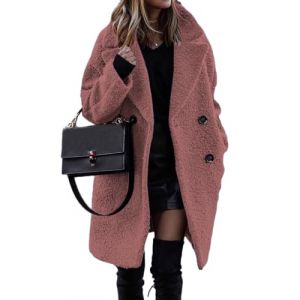 ORANDESIGNE Manteau d'hiver Femme Duveteux Polaire Revers Manches Longues Bouton Chaud Fausse Fourrure V&ecirc;tements D'ext&eacute;rieur Veste Sherpa Cardigan A Rose L (Wowmart Zoo X., neuf)