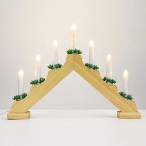 Lewondr Chandelier &agrave; LED, Bougie LED &Eacute;lectrique avec 7 Lumi&egrave;res sans Flamme, Bougeoir Chandelle D&eacute;coratif de Table pour No&euml;l Mariage, D&eacute;coration Interieur pour Maison Salon Chambre - Bois (Showmore EU, neuf)
