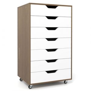 GIANTEX Caisson de Bureau Mobile 7 Tiroirs de Bureau, Meuble Bureau Rangement &agrave; Roulettes, Support d'Imprimante pour Dossiers, Documents, Papiers, 49 x 40 x 87 cm (Blanc+Naturel) (GIANTEX, neuf)