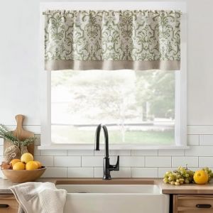 TOPICK Rideau Brise-bise, en Lin, Opaque, damass&eacute;, Printemps, Vintage, Motif Floral, Style Maison de Campagne, Court, &agrave; Volant, Vert sur Beige, 45 x 125 cm (l x H) (Audrey Home Fashion, neuf)