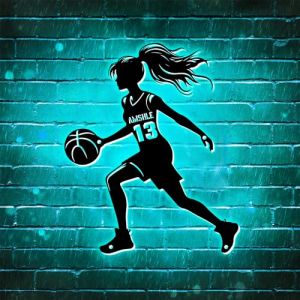 Panneau personnalisé avec lumière LED pour le nom de la femme basketteuse, art mural en métal avec lumière néon pour le basket-ball, cadeaux pour le basket-ball (Haoeuoya, neuf)