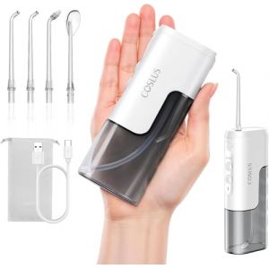 COSLUS Mini Jet Dentaire Hydropulseur Portable: Design Compact et Sans Fil, 4 Modes IPX7, Id&eacute;al pour Appareil Dentaire, Orthodontie et Dents Sensitives, Usage Nomade, Gris Blanc, T40 (Aoorty, neuf)