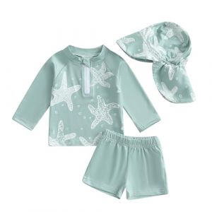 Carolilly Maillot de Bain Enfant Bébé Garçon de 3 Pièces, Haut Zippé Imprimé Cartoon à Manches Courtes + Culotte de Bain + Chapeau Anti-UV (0-5 Ans) (Vert étoile de mer, 2-3 Years) (La Vie Brillante, neuf)