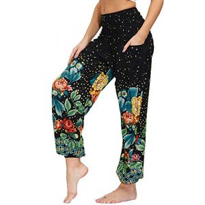 Nuofengkudu Femme Harem Pantalon Yoga Sarouel Legers Hippie Baggy Léger Ethnique Calqué Smockée Taille Haute avec Poches Été Plage (Taille Unique, Y-Fleur Vintage) (better Life, neuf)