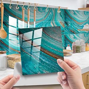 10 Pièces Marbre Stickers Adhésive Décorative à Carreaux pour Salle de Bains et Cuisine Stickers Carrelage, Hiser Mosaïque Imperméables Auto-adhésifs Décoration (Bleu,10x10cm) (Hiseng, neuf)