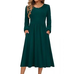 Zeagoo Robe femme, &agrave; manches longues, tricot&eacute;e, col rond, robe d'automne, coupe trap&egrave;ze, mi-longue, tunique, d&eacute;contract&eacute;e, avec poches, vert fonc&eacute;, XXL (Zeagoo direct, neuf)