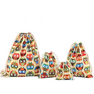 Amoyie Lot de 4 Sac Cordon Coulissant (Un Sac à Dos + Trois Sac organiseurs), Bagage pour Voyage Scolaire Sport, Trousses cosmétique Jouet, Pochette Organza, Hibou (amoyie, neuf)