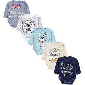 TupTam Body Bébé – Lot de 5 Bodies Bébé 0-3 Mois, Body Bébé Garçon à Boutons Pression, 100% Coton, Little Bro/Bleu/Gris/Ours/Renard/Beige, 68 (LotteStyle, neuf)