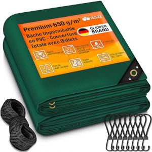 tillvex&reg; B&acirc;che de Protection avec Oeillets + 10 Crochets et Corde de 15 m - B&acirc;che en Tissu 650 g/m&sup2; imperm&eacute;able et ind&eacute;chirable - B&acirc;che PVC Universelle Exterieur, Camion, Piscine, Meubles de Jardin (DWD-Company, neuf)