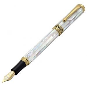 Xezo Maestro Stylo Plume, plume moyenne-fine (trait de 0.45mm), s&eacute;rie Cadeau d'&eacute;criture, plaqu&eacute; or 18K, nacre blanche. Fabriqu&eacute; &agrave; la main, s&eacute;rialis&eacute;. Unique (XEZO, neuf)
