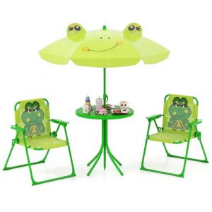 GOPLUS Ensemble Salon de Jardin Enfant 4 PCS, Table Pique-Nique Enfant avec 2 Chaises Pliante, Parasol Réglable en Hauteur, Charge 75KG, Table Exterieur pour 3-6 Ans (Grenouille Bleu - Verte) (Augenstern24, neuf)