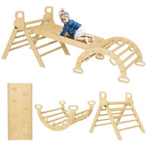 AIYAPLAY Triangle Arche d'escalade Enfants 5 en 1 avec Triangle d'escalade, Rampe r&eacute;versible, Toboggan, Bascule, Charge maximale 50 kg, pour b&eacute;b&eacute; 18-48 Mois, Effet Bois Naturel (Aosom FR, neuf)