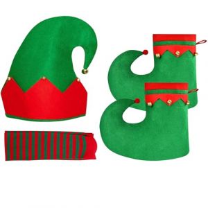 Chapeau de Lutin Chaussures Elfe pour Adultes, Accessoire Costume Elfe de No&euml;l avec Bonnet Elfe de Noel Chaussure Elfe Chaussette Ray&eacute;e Verte et Rouge, pour No&euml;l, Carnaval, Halloween, Cosplay (C) (jianshuomaoyi, neuf)