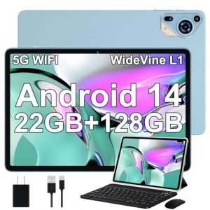 Tablette Android 14 avec 22 GO + 128 GO (Extensible jusqu'&agrave; 1 To), 5G WiFi, Tablette Tactile 10 Pouces avec GPS, Widevine L1, 8 C&oelig;urs, 8000mAh, Tablette avec Clavier + Souris et Cas, Bleu Menthe (AVD1 SP. Z O.O, neuf)