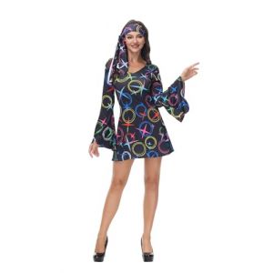 Josamogre Deguisement Annee 80 Femme Déguisement Disco Robe 60, 70, 90 Hippie Costume Vetement Halloween Hippie Grande Taille Noir L (Josamogre Corset, neuf)