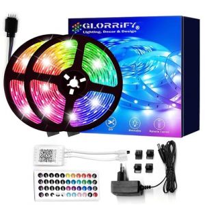 Glorrify Ruban LED RGB 10m Bande LED Multicolore pour Chambre et Maison &ndash; LED Strip Adh&eacute;sive 30 LED/m, Dimmable avec T&eacute;l&eacute;commande et Effets Sonores (e-Alpha, neuf)
