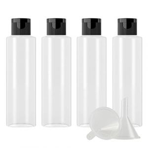 ZEOABSY 4 Pièces 150 ML Transparent Bouteille en Plastique avec Bouchon à Charnière Noir, Épaule Plate Vider Bouteille Ronde en PET de Voyage pour Cosmétiques Liquides (Zeoabsy, neuf)