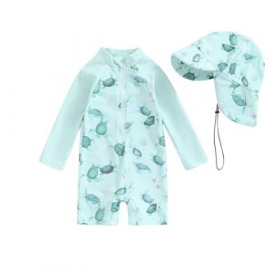 XIXIMAON Maillot de Bain B&eacute;b&eacute; Gar&ccedil;on Anti-UV Combinaison Natation Manches Longues et Chapeau de Bain Ensemble Piscine Plage Plong&eacute;e Surf (Bleu Vert Tortue, 0-3 Months) (qiyuesheng, neuf)