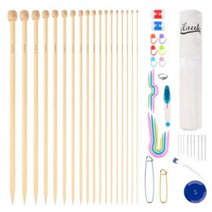 ilauke 70 Aiguilles à Tricoter en Bambou,18 Paires 35cm Aiguille Circulaire Tricot à Pointe Simple en Bois de 2 à 10mm,Kit de Tricot pour Débutants avec 33 Accessoires de Tricot et Sac de Rangement (MiGE shop, neuf)
