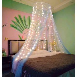 Eimilaly Ciel de lit Bicolore moustiquaire Blanc Bleu avec lumi&egrave;res Chaudes, Ciel de lit pour Fille d&eacute;coration de Chambre, Porte Unique (Aimilaly, neuf)