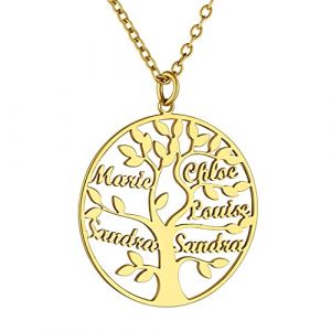 Collier Prénom Personnalisé des Enfants Graver Dore Pendentif Maman Arbre de Vie Généalogique Famille Proches Souvenir Anniversaire Meilleur Amie Bff Copine Soeur Chaine Fine Rolo 50 cm Acier (GoldChic Jewelry Store, neuf)