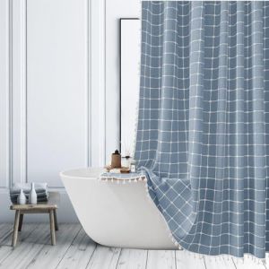 ggaimwf Rideau de Douche Style Boh&egrave;me Bleu Rideaux de Douche pour Salle de Bain Ferme Minimaliste de Campagne Moderne Rideau de Baignoire en Tissu Lin Textile Lourd avec Glands 180x180cm (ggaimwf EU, neuf)