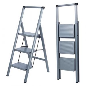 UZIRO Escabeau 3 Marches, Escabeau Pliable et Compact, Echelle D&eacute;corative avec Marche Pied Antiscivolo, Id&eacute;al pour Maison, Peinture et D&eacute;coratif, Durable, Facile &agrave; Ranger, Couleur Gris (TOPACTIVE, neuf)