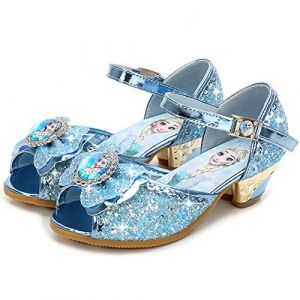 FStory&Winyee Sandales Princesse Enfant Filles Reine des Neiges Bouche Poisson Talons Hauts Chaussures Ballerines Elsa Arc Charmant Doux Cosplay D&eacute;guisement Ceremonie et F&ecirc;tes,Bleu,35 (Monissy, neuf)