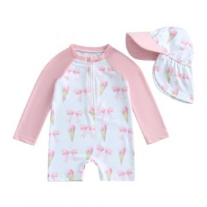 HodJIU Maillot de Bain Bébé Fille Anti-UV Combinaison Natation Piscine à Manches Longues + Chapeau de Bain Ensemble Swimwear Nouveau-né (Rose Crème Glacée, 3-6 Months) (Haikouxunchuanhandianzishangwuyouxiangongsi, neuf)