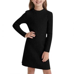 Vuncio Robe Fille Princesse 3-12 Ans a La Mode &eacute;l&eacute;gant Pull Robe Enfant Fille Hiver Printemps Pas Cher Chic Manches Longues Confortable C&eacute;r&eacute;monie Bapteme Mini Dress (11-12 Ans, Noir) (Vuncio, neuf)