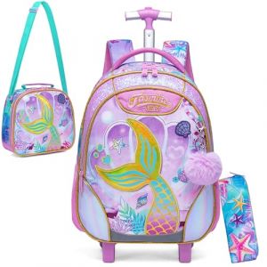 HTgroce Cartable a Roulette Fille Sirene Sac Dos roulettes pour Filles, Sac a Roulette Fille pour Maternelle Primaire Scolaire Cartable Roulette Fille ce2 (Lldaily EUR, neuf)