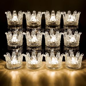 Larcenciel 12 Photophores en Verre Transparent avec Couronne en Cristal, Petites Porte-bougies Chandelier Romantiques, Bougeoirs D&eacute;corations pour Vacances Mariages Anniversaires F&ecirc;te No&euml;l, 4.5x4.8x7cm (Sasiki, neuf)