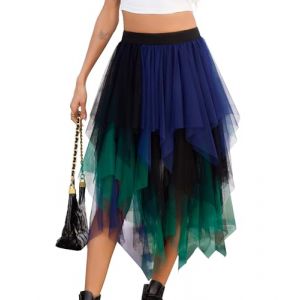Lovasy Jupe Tulle Femme Mi Longue Jupe Tutu Asym&eacute;trique A-Line Taille Haute &Eacute;lastique Robe Tutu pour Carnaval Halloween Daily Prom Party,A-Bleu Marine/Vert,S/M (Lovasy Direct, neuf)