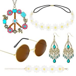 Augesak 5 Pi&egrave;ces Accessoires Hippie pour Femmes, Ann&eacute;es 70 80 Accessoires avce Bandeau Fleurie Bracelet Lunettes Hippie Boucles d'oreilles Collier Signe de Paix pour Soir&eacute;e Maquillage Soir&eacute;e Musicale (JINGMINGHE, neuf)