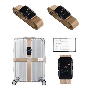 Veki Ensemble de Sangle de Bagage Croisées Approuvées TSA avec Verrou Ceintures de Valise de Voyage Réglables avec Carte d'identification et Sangles de Rangement pour Valises (Kaki, 2 pièce) (Agenan, neuf)