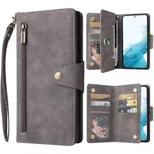 TISIM Etui Coque pour Samsung Galaxy S22, Etui Portefeuille en Cuir PU Durable avec b&eacute;quille, Samsung Galaxy S22 Case avec Porte-Cartes Magn&eacute;tique Flip Cover Lanyard Wristlet Zipper Gris (TISIM, neuf)