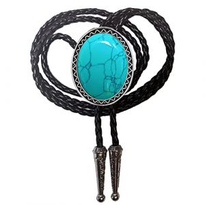 Himongoo Cravate en jade agate et granit turquoise pour homme et femme, corde en cuir, cha&icirc;ne de mariage, cravate de cowboy occidental, Turquoise., L (RockBolos, neuf)