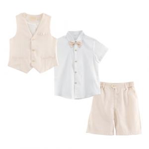 LOLANTA 4 pi&egrave;ces Costume Garcon Mariage Ete, Tenue Enfant Garcon Ceremonie, V&ecirc;tement Bapt&ecirc;me Anniversaire Gar&ccedil;on Page, Ensemble Costume Short Lin Gile Chemise avec n&oelig;ud Papillon, Beige, 10-11 ans, 150 (LOLANTA, neuf)
