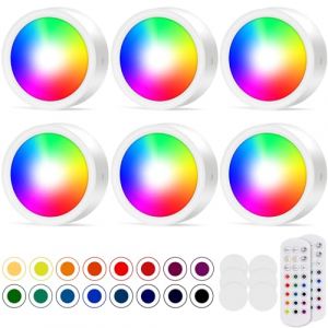 Forepin Lampe de Placard, 6 Pièces Spot Led Sans Fil 16 Couleurs a Pile Dimmable Armoire LED Lampe avec Telecommande Lumiere Cuisine Sous Meuble Eclairage LED Adhesif pour Vitrines, Couloir, Chambre (shichunshop888, neuf)
